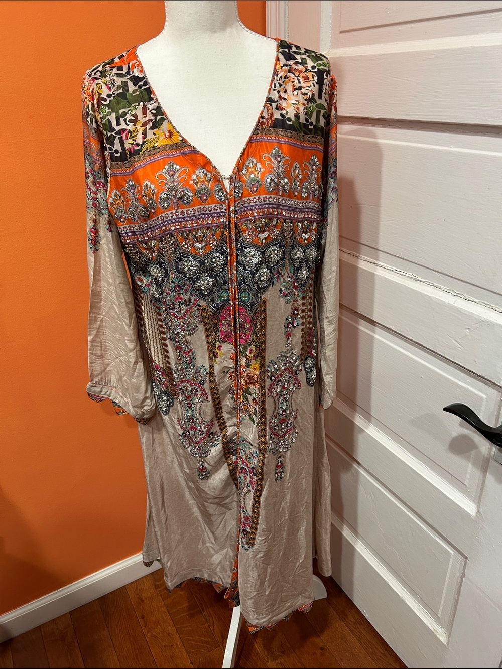 Long Sleeve V-Neck Maxi Dress in Orange and Beige